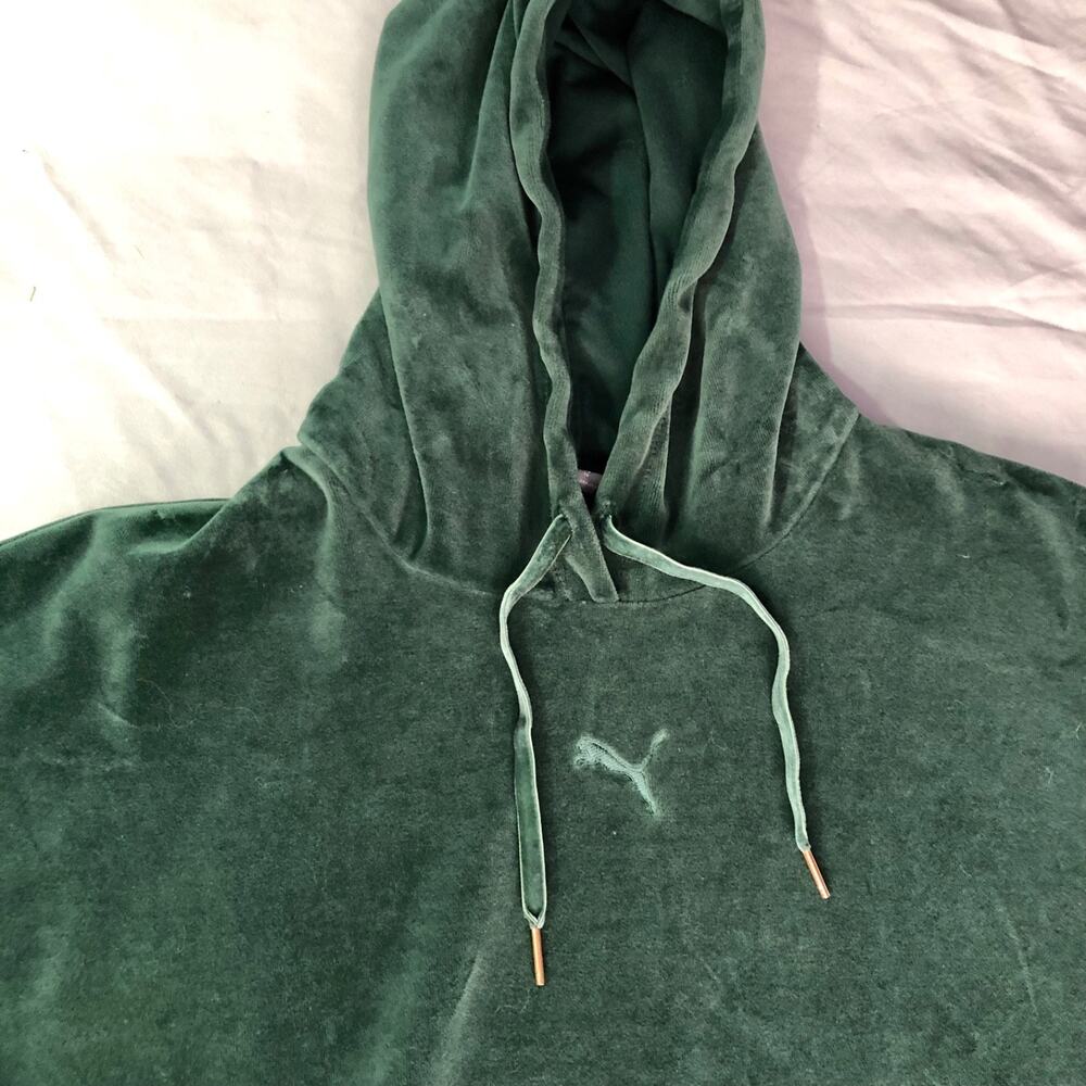 PUMA Pullover Velour Green Hooded Sweatshirt Her‎ Logo Hoodie Women's Size XL